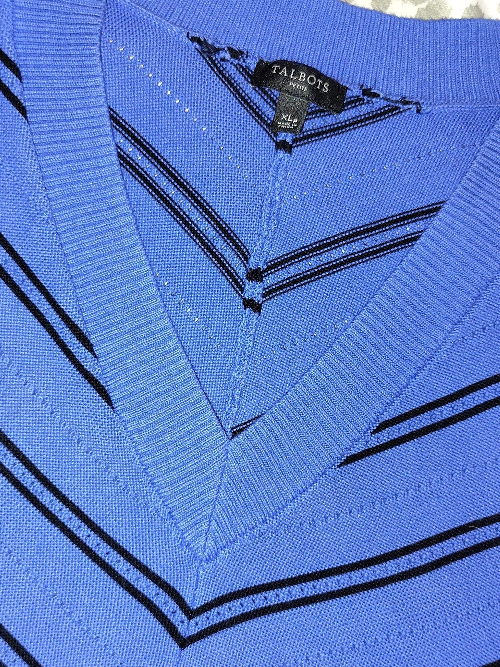 Talbots Men’s Blue V-Neck Sweater with Black Stripe Detail